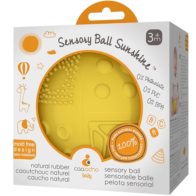 caaocho Pure Natural Rubber Sensory Ball Sunshine 3" - Sealed Hole, BPA Free Baby Ball Toy, for Sensory Play, for Sensory Development, Hole Free Baby Toy, Perfect Bouncer, Without Hole