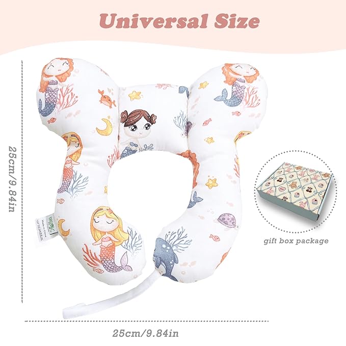 Baby Travel Pillow for Car Seat and Stroller, Soft Reversible Comfort Pillow, U-Shape Seat Accessory for Toddler, Mermaid Design