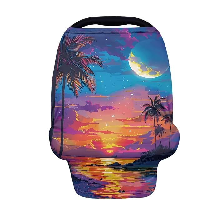 Forchrinse Hawaiian Palm Watercolor Moon Sky Baby Carseat Cover for Baby Boys Girls,Stretchy Infant Stroller Cover,Car Seat Canopy,Nursing Scarf,High Chair Cover