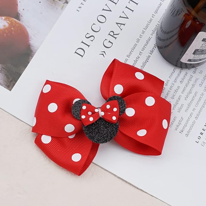 Ayesha Mouse Ears Hair Clips, 4PCS Grosgrain Ribbon Mouse Bow Hair Clips, Polka Dot Bows for Girls, Hair Accessories for Baby Girls, Toddler Kids, Costume Party, Daily Use