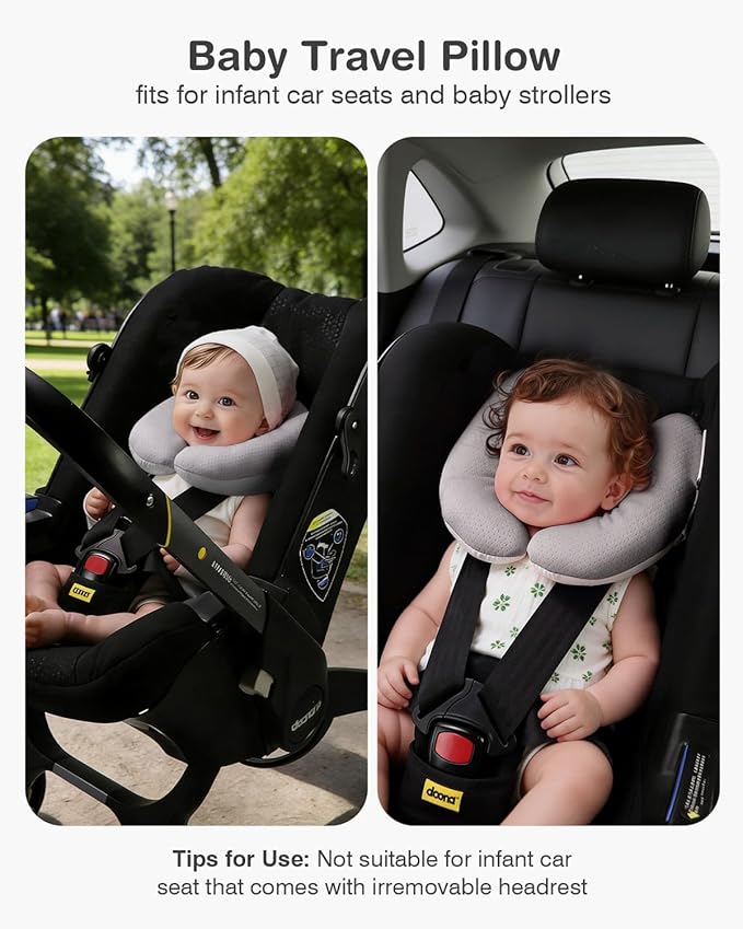 Baby Neck Pillow for Car Seat and Stroller, Adjustable Baby Head Support Pillow for Travel, Soft and Cushiony Torticollis Pillows for Infant and Newborn (Gray)