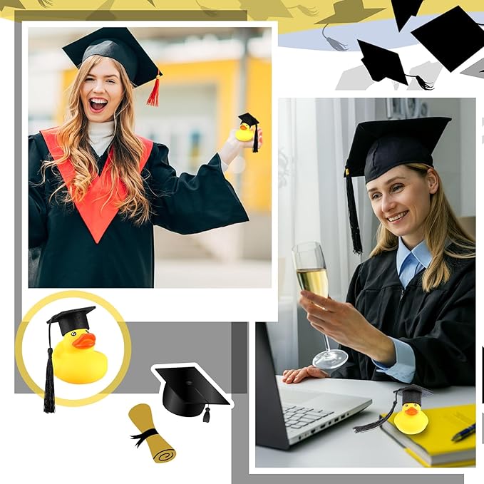 Lenwen 24 Pcs Graduation Rubber Ducks with Grad Cap Mini Rubber Duckies Gifts Bulk for Graduation Party Favors Decoration(Black Grad Hat)