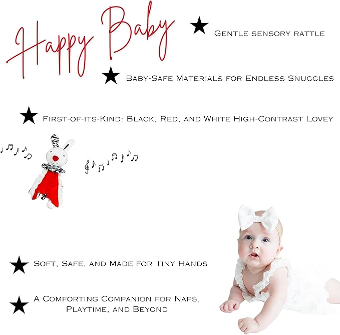 High Contrast Baby Security Blanket-Soft Sensory Lovey for Babies-Red, Black and White Blankie Comfort Toy (Bun Bun the Snuggle Bunny)