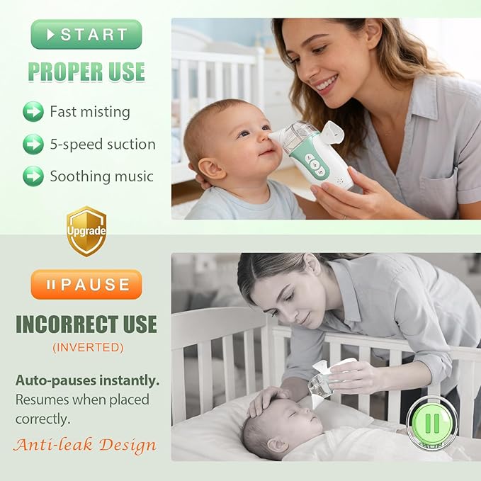 Smart Baby Nasal Aspirator, 2-in-1 Electric Nose Sucker for Toddlers with Spray, 5-Level Suction, Soothing Music, 2 Silicone Tips, USB-C Charge, Storage Case | Nasal Aspirator for Baby (Olive Green)
