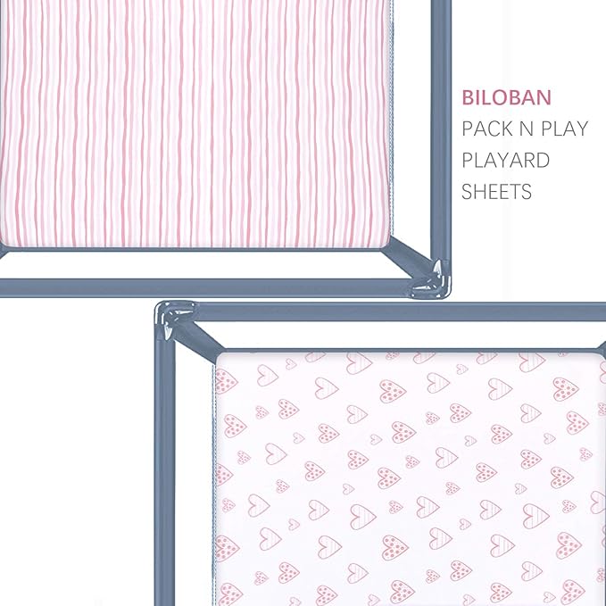 Square Playard/Playpen Fitted Sheets, Perfect for 36 X 36 Portable Playard, 2 Pack, 100% Jersey Knit Cotton Fitted Sheets, Mild Pink Stripes and Hearts Print for Baby Girls