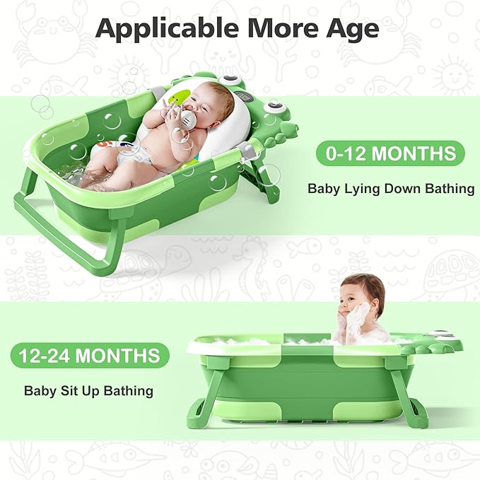 Collapsible Baby Bathtub for Newborns with Thermometer and Soft Floating Cushion Portable and Foldable Travel Baby Bath Tub for Infants to Toddler 0-36 Month(Dark Green)