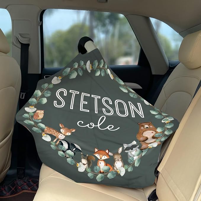 Personalized Baby Car Seat Cover Stroller Canopy: Custom Name Newborn Baby Boy Girl Elastic Woodland Animals Nursing Cover for Moms First Birthday Gift Dark Green(one Size)