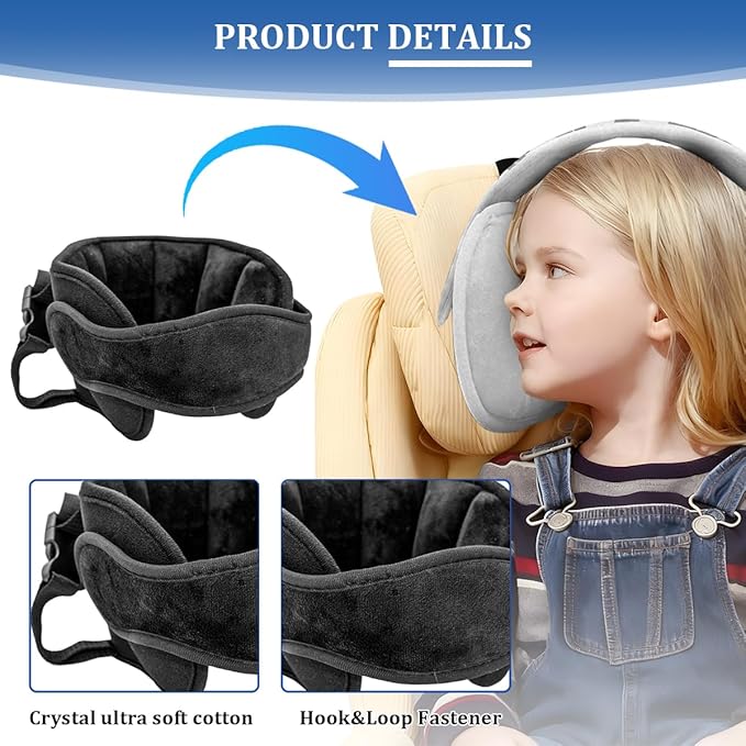 Car Seat Head Support, Soft Comfortable Adjustable Seat Neck Relief Support Band for Sleeping Kids, Automotive Headrest Holder Strap for Toddler Children Infant, Universal Fit (Black)