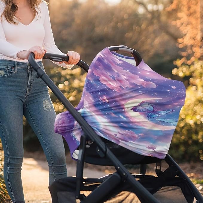 GIFTPUZZ Butterfly Baby Girls Car Seat Cover Canopy, Multi-Use Ultra Soft Nursing Cover Breastfeeding Infant Carseat Canopy, Universal Fit for Stroller High Chair Shopping Cart Canopies