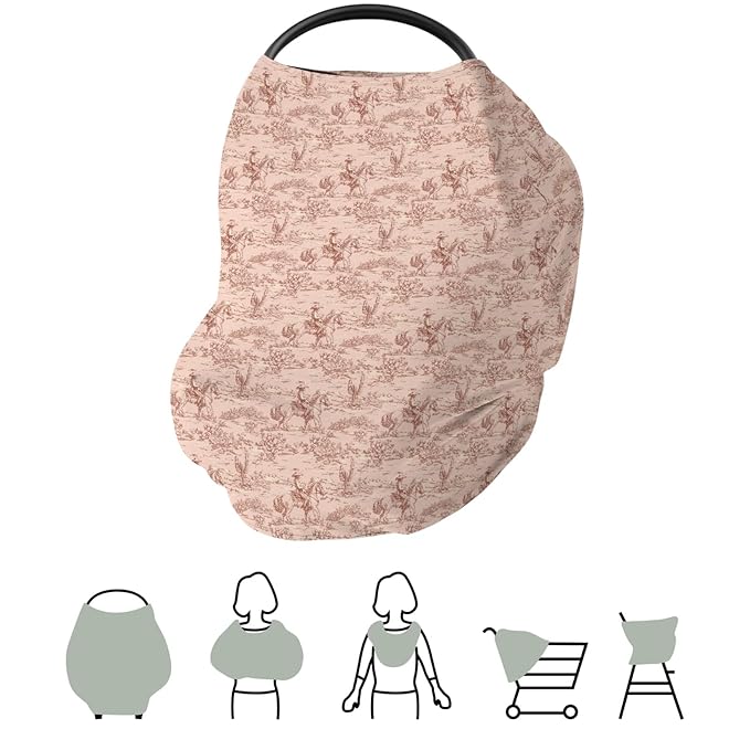 Vintage Western Cowboy Baby Car Seat Covers Retro Cowboy Cactus Horse Stretchy 5-in-1 Cover Adjustable Infant Carseat Canopy Cover Wild Desert Country Breathable Nursing Cover-Up