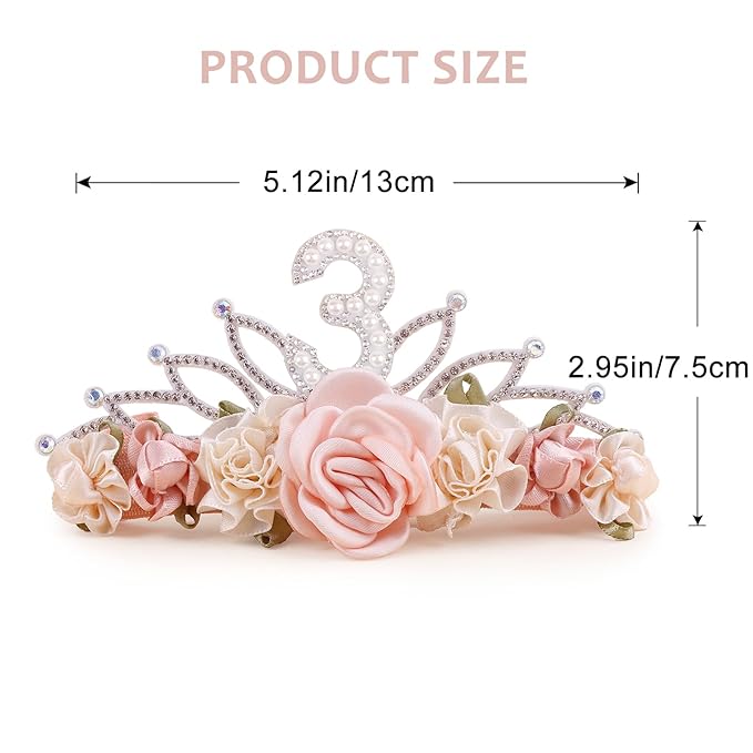 cherrboll Flower Headband Birthday Crown for Girl, Floral Nylon Hairband for 1-3 Years Old Toddler, 3rd Birthday Party Dress Photo Decoration Hair Accessory