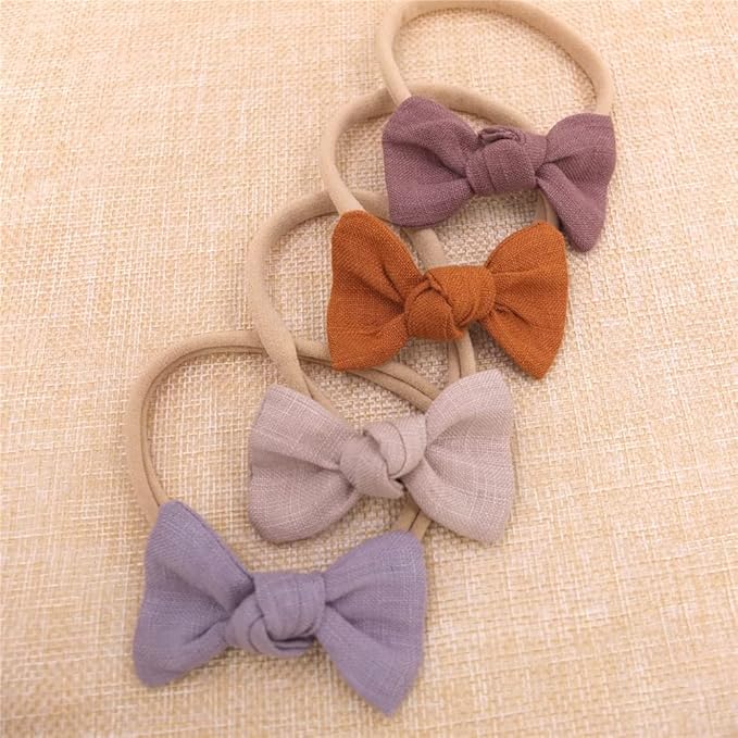 Sugarmelon Linen Bow Nylon Headband for Baby Toddler Newborn Infant Hair Bow Elastic Bands for Baby Girls Little Kids Headbands (Linen Mini bow 2.5'')