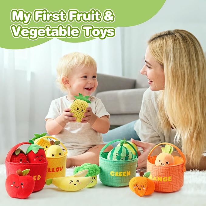 Baby Sensory Toys, Montessori Learning Basket with Soft Sorting Play Food, Crinkle & Rattle Toys for 6-12 Months Infants, Fine Motor Skills Gift for 1 Year Old Boys Girls Sorting & Stacking Toys