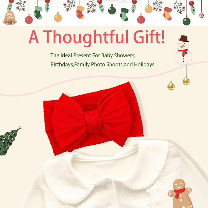 LemonSpace Handmade Baby Girls Headbands Soft Stretchy Nylon Hair Bands Hair Accessories with Bows for Newborn Baby Girls Infant Toddlers Kids (Red Green White-Merry Christmas)