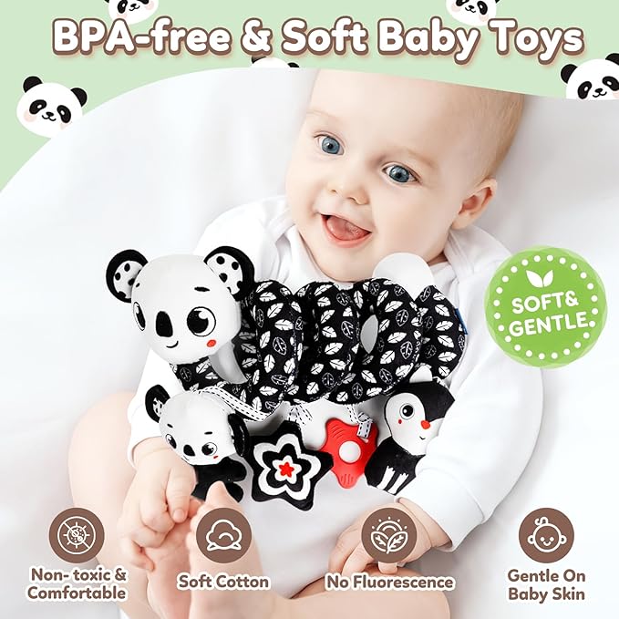 GKDOMS Baby Carseat Toy Black & White Rattle Spiral Hanging Activity Stroller Toy for Newborns Boys and Girls - Koala