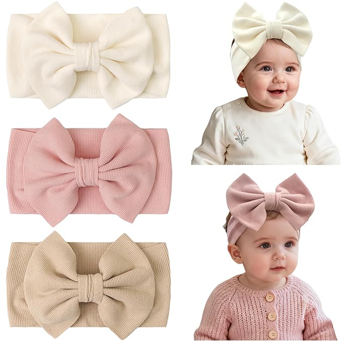 JOYOYO 3 Pcs Soft Wide-Knit Baby Headbands with Large Bow Hair Accessories for Newborn, Infant, Toddler, Kids（Beige Khaki Pink）