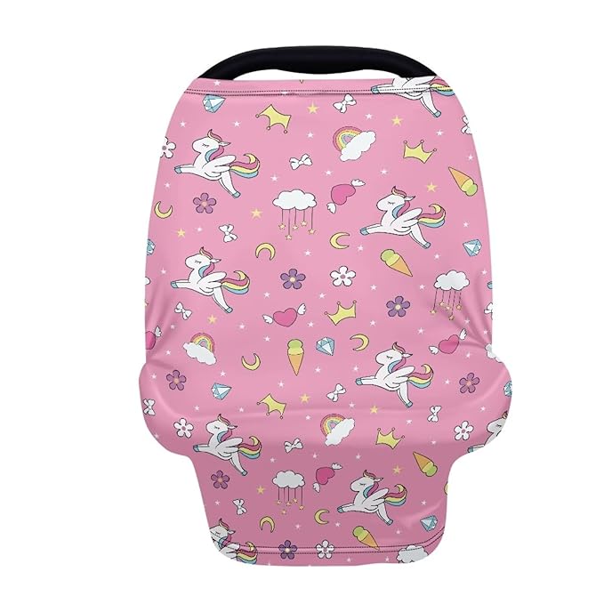 Biyejit Rainbow Horse 5-in-1 Car Seat Cover for Baby Boy Girl Gift, Blue Wild Animal Hunter Reed Privacy Breastfeeding Nursing Cover, Newborn Infant Multi-use Carseat Canopy Carrier