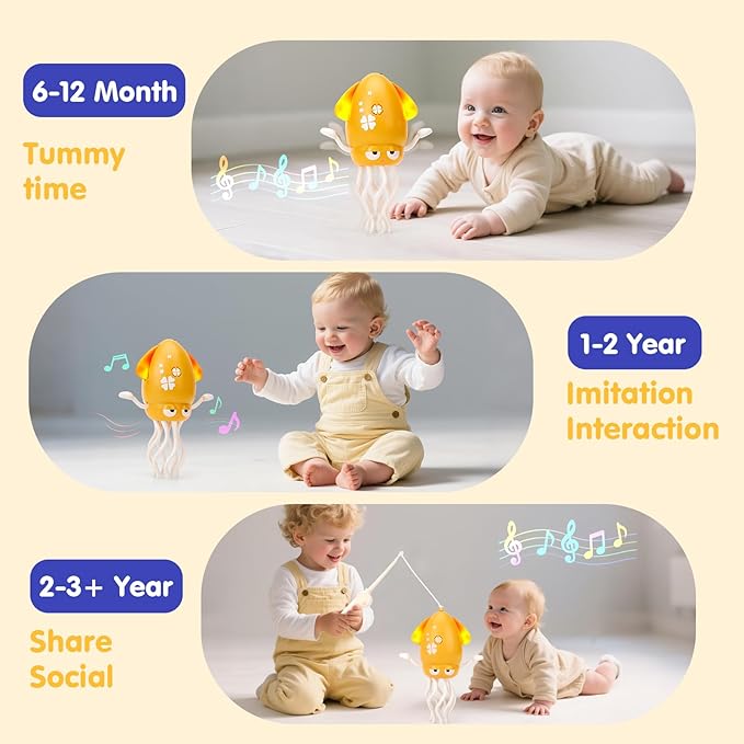 hahaland Dancing Octopus Baby Toys, Magic Musical Crawling Tummy Time Toy, Toddler Sensory Toys for 3 4 5 6 Year Old Boy Girl Birthday Gifts, Funny Squid with Led Light & Music