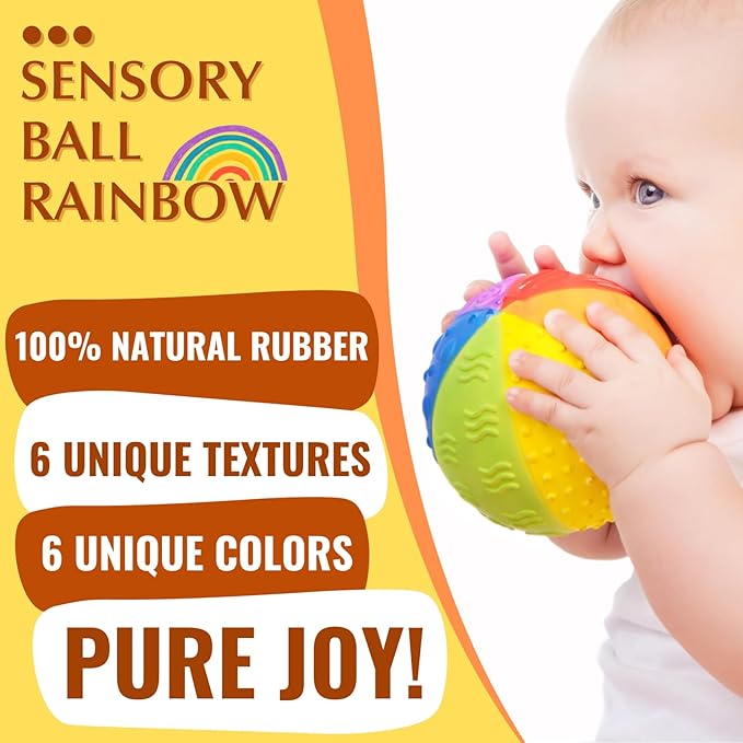 caaocho Pure Natural Rubber Sensory Ball Rainbow 4" - All Natural Sensory Toy, Promotes Sensory Development, Rainbow Colors, Perfect Bouncer, Gentle Squeaking, BPA Free, PVC Free, Food-Grade Paint