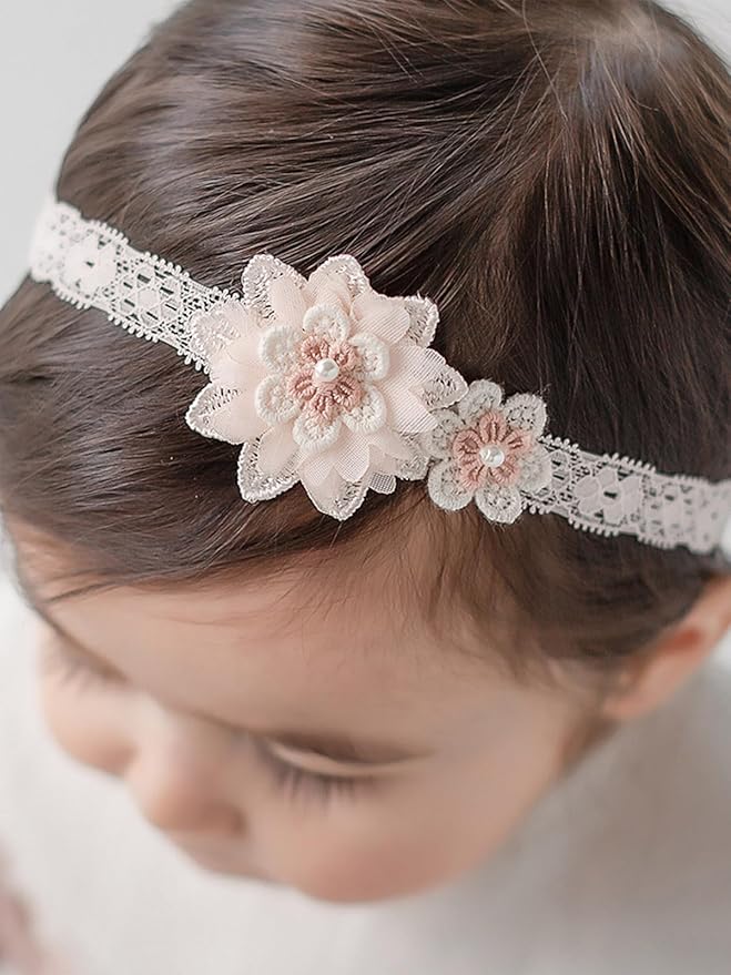 Baby Girls Hairbands Lace Flowers Headband Handmade Soft Stretchy Colorful Flower Hairband Newborn Headbands with Pearls Elastic Hairbands for Infant Head Band (Two Pink Flowers)