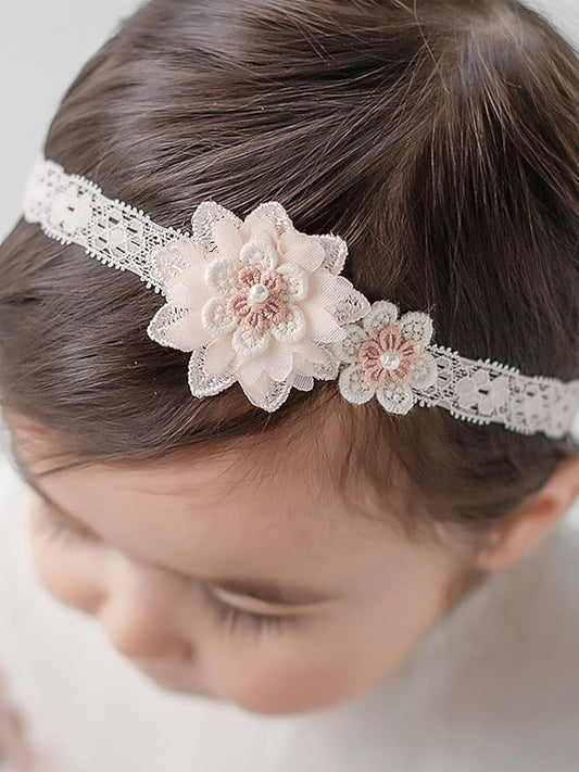 Baby Girls Hairbands Lace Flowers Headband Handmade Soft Stretchy Colorful Flower Hairband Newborn Headbands with Pearls Elastic Hairbands for Infant Head Band (Two Pink Flowers)