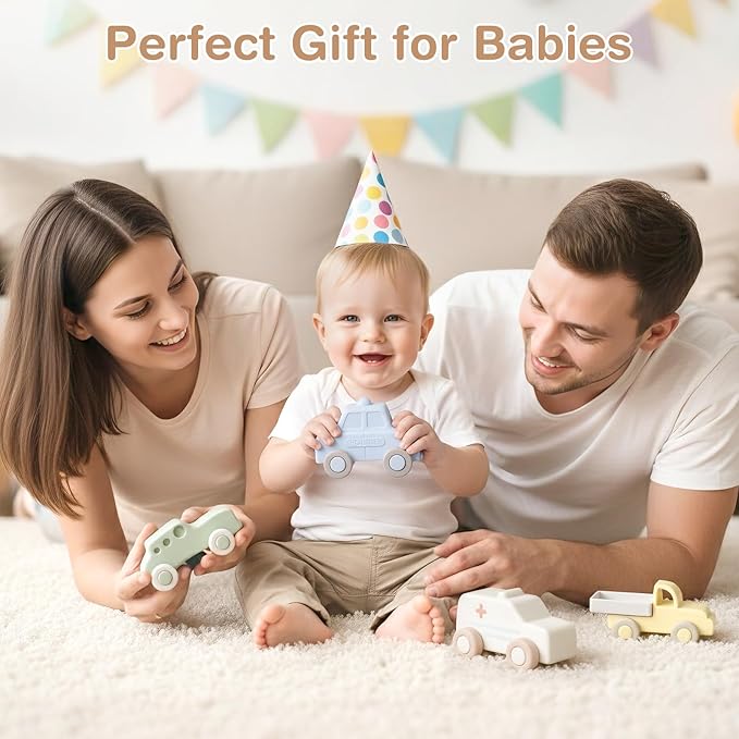 Vanplay Silicone Baby Car Toys with Storage Box - Soft Teething Toys for Babies 6-12 Months, One-Piece Design Push & Pull Baby Toys for Toddlers, Birthday Gifts for Boys Girls（4 PCS）