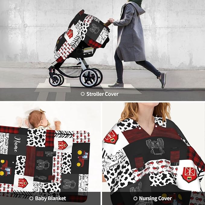 Personalized Farm Red Tractors Baby Car Seat Canopy for Babies with Name, Custom Car Seat Covers for Girls Boys, Opening Minky Nursing Breastfeeding Cover Infant Carseat Canopies for Newborn