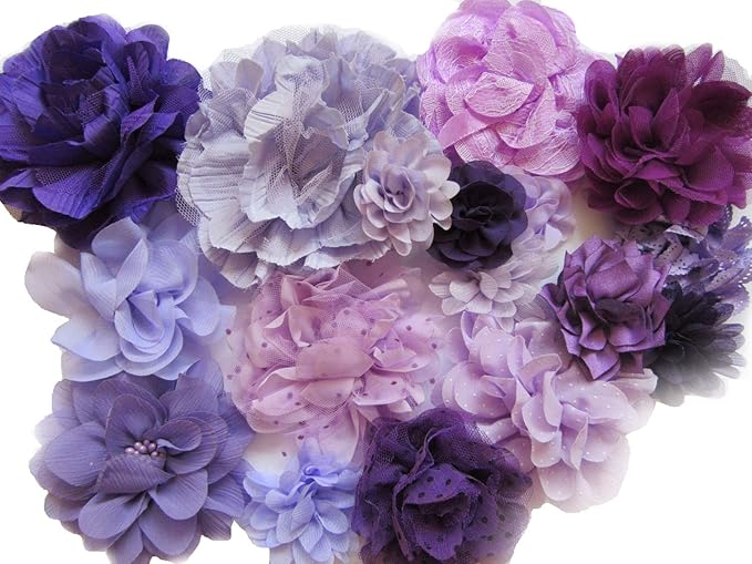 YYCRAFT 15pcs Purple/Lavender Chiffon Lace Hair Flower for Girls Headband Baby Flowers Bows,Crafts,Party Decoration(2"-4.5")