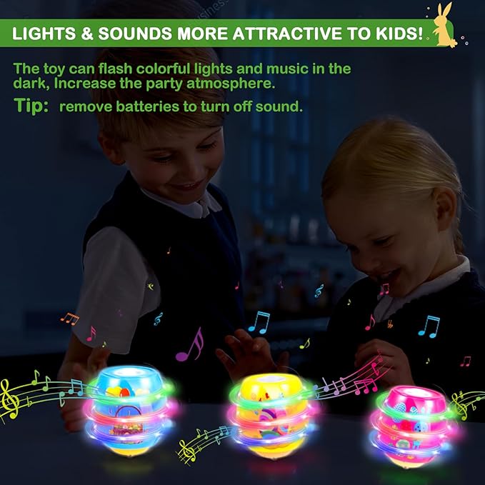 6 PCS Easter Basket Stuffers for Toddler Kids, Light Up & Singing Spinning Top with Flash, Easter Eggs Hunt Party Favor Toy Gifts, Kids Goodie Bag Fillers, Easter Gifts for Boys Girls 3+, Decorations