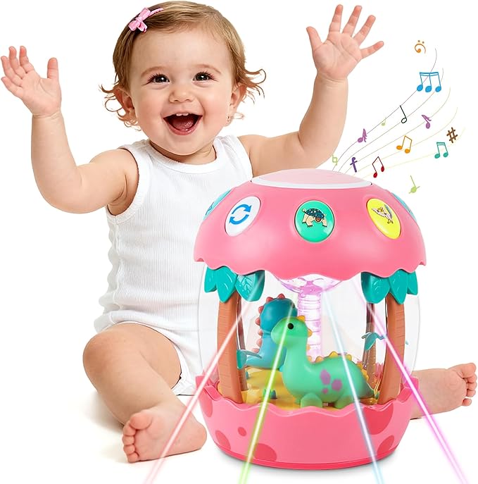 M SANMERSEN Baby Girl Toys 6-12 Months, Dinosaur Rotating Light Up Musical Baby Toys for 0-6 12-18 Months Newborn Infant Crawling Tummy Time Toys, Birthday Easter Gifts for Baby Girls- Pink