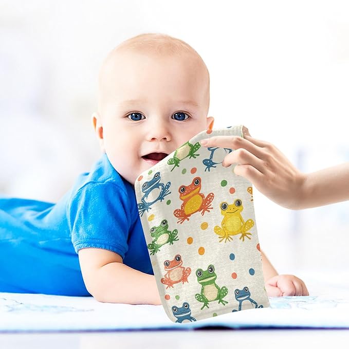 Newborn Face Towel Cute Frogs Soft Cotton Baby Washcloths 11.8 x 11.8 Inch Infants Girls Boys Muslin Burp Cloths 5 Pack