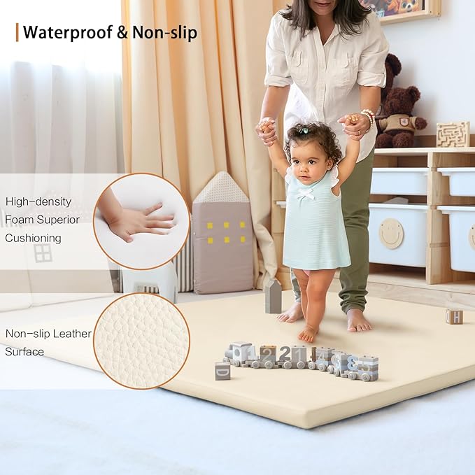 Foam Play Mat for Baby: PU Leather Waterproof Kids Playmat - Beige Baby Play Mats for Floor - Thick Play Mat for Playpen Padded Playpen Mattress Soft Infant Mat for Preschool (Beige Foam mat)