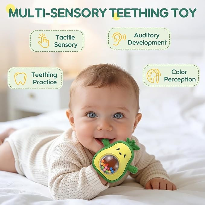 Avocado Baby Teething Toy with Rattle, BPA-Free Silicone Teething Mitten for Babies 3-6 6-12 Months, Anti-Drop Wrist Glove Teether for Teething Relief, Perfect Baby Gifts & Baby Toys