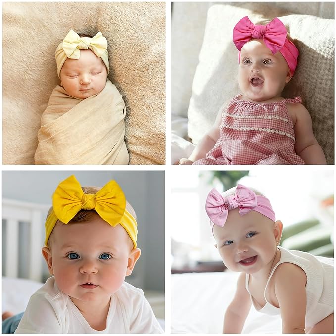 5Pcs Nylon Baby Bow Headbands, Soft Stretchy Hairbands with Bow for Newborns, Infants & Toddlers