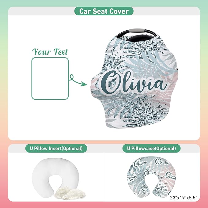 Custom Name Car Seat Canopy - Baby Car Seat Covers, Infant Stroller Cover, Grey Leaf Carseat Canopy Christmas Birthday Gifts for Girls and Boys