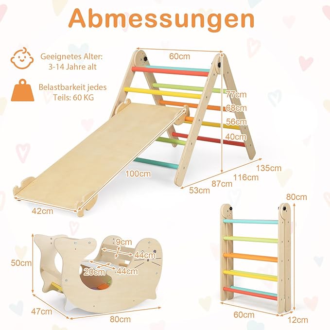 COSTWAY Climbing Triangle with Slide, 7-in-1 Indoor Climbing Frame from 3 Years, Foldable & Height-Adjustable, Indoor Playground Freely Combinable (Colourful)