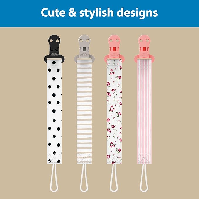 Dr. Brown's Pacifier Clips, Universal Fit Fabric Strap for Pacifiers, Flowers and Stripes, BPA-Free, 0-18 Months, 2-Pack