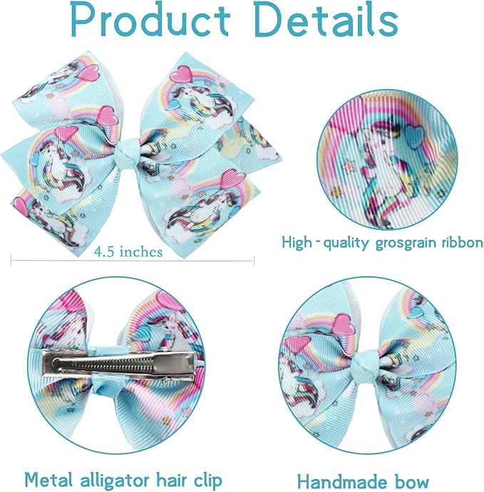 24PCS 4.5Inch Bows for Girls Boutique Grosgrain Ribbon Rainbow Hair Bow Alligator Hair Clips Pigtail Bows Unicorn Hair Clips for Baby Girls Toddler Kids Children Teens in Pairs…