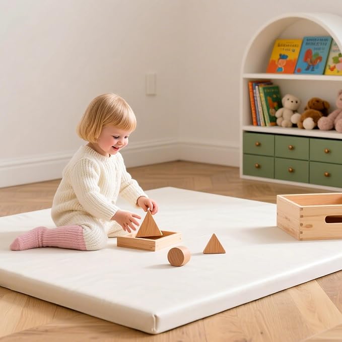Huloo Sleep Baby Play Mat 50x50 Inches,1.3" Thick Padded Waterproof Floor Cushion & Playpen Mat with Vegan Leather,Non-Slip & Non-Toxic Nursery Rug for Infants, Toddlers & Kids(Cream)
