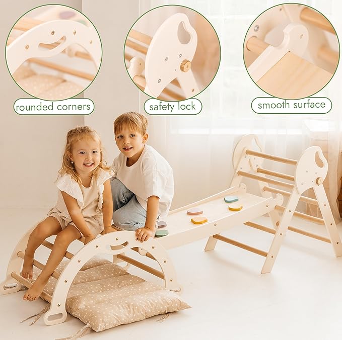 Goodevas 5-in-1 Toddler Climbing Toys Indoor Set - Pikler Triangle, Climbing Arch, Balance Cushion, Montessori Climbing Gym for Toddlers 1-3, Foldable Wooden Baby Activity Center, Jungle Gym for Kids