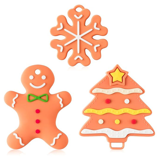 Christmas Baby Silicone Teething Toys - 3Pcs Gingerbread Tree Snowflake Design Baby Soothe Teething Chew Toys Infants Soft Teether Toys Toddler The First Christmas Gifts for Babies Newborn 6-12 Months
