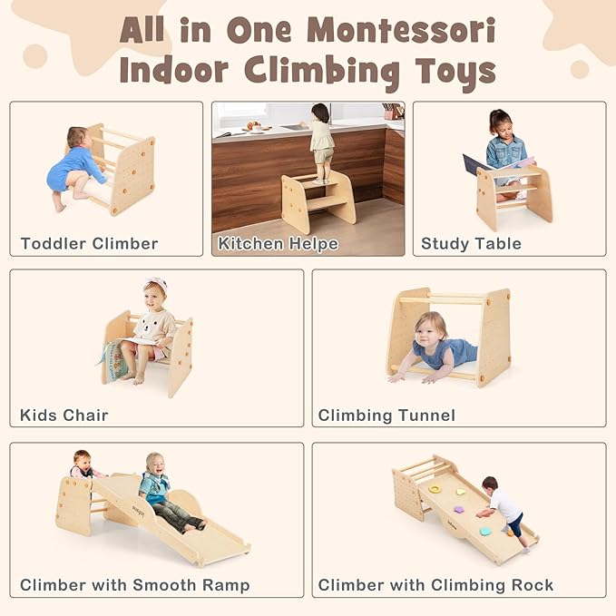 INFANS 7 in 1 Climbing Toys for Toddlers, Upgrade Wooden Montessori Cube Climber Set with Reversible Ramp Slide Ladder Seesaw, Indoor Pikler Climb Activity Jungle Gym Present for Kids Age 3+