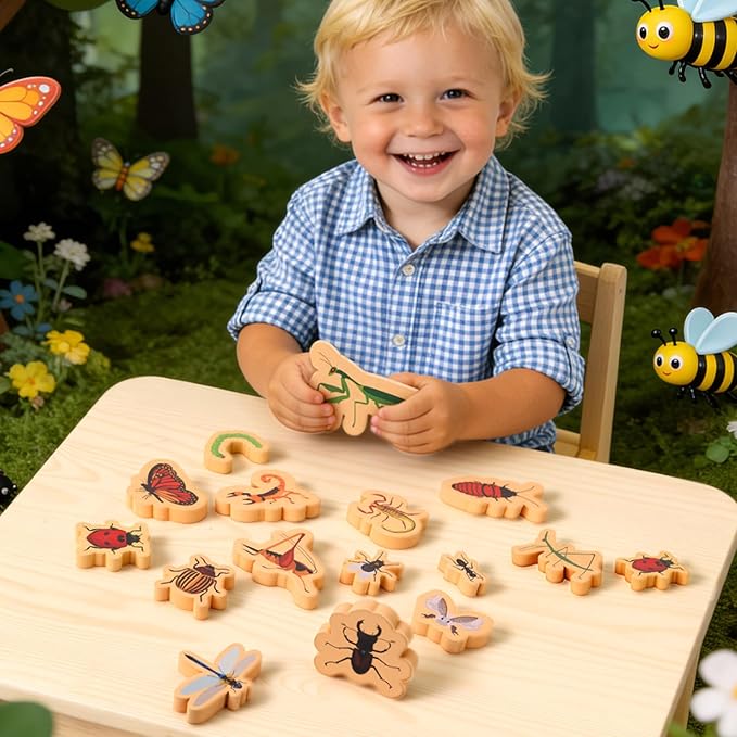 20 PCS Wood Bugs and Insect Block Toys for Kids Wooden Minibeast Blocks Natural Classroom Science Learning Toy Boys and Girls Educational Preschool Learning
