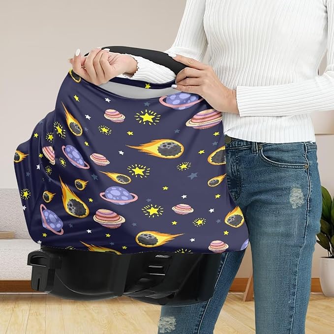GIFTPUZZ Planet Nursing Cover for Breastfeeding, Baby Car Seat Cover, Infant Carseat Canopy Covers, Soft Breathable Stretchy Scarf, Multi-Use Stroller/High Chair Cover, Baby Shower Gifts