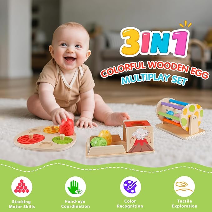 Montessori Toys for 6 Month Old, Wooden Baby Toys for 6 7 8 9 Month Old Dinosaur Egg Ball Drop Toy Wooden Puzzles Spinning Drum Baby Ball Toy for Infant Toddlers 1 2 3 Christmas Birthday Gift