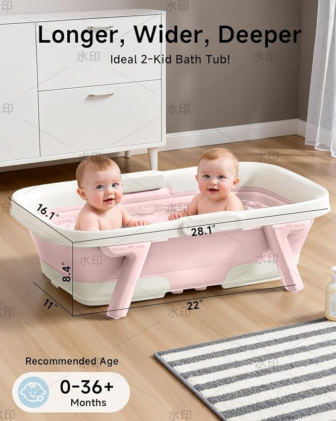 Collapsible Baby Bathtub, Laege Infant Bath Tub with Thermometer & Cute Soft Cushion for Newborn to 36-Month Toddlers, Storage and Non-Slip Feet Design, Baby Bath Gift (Pink)