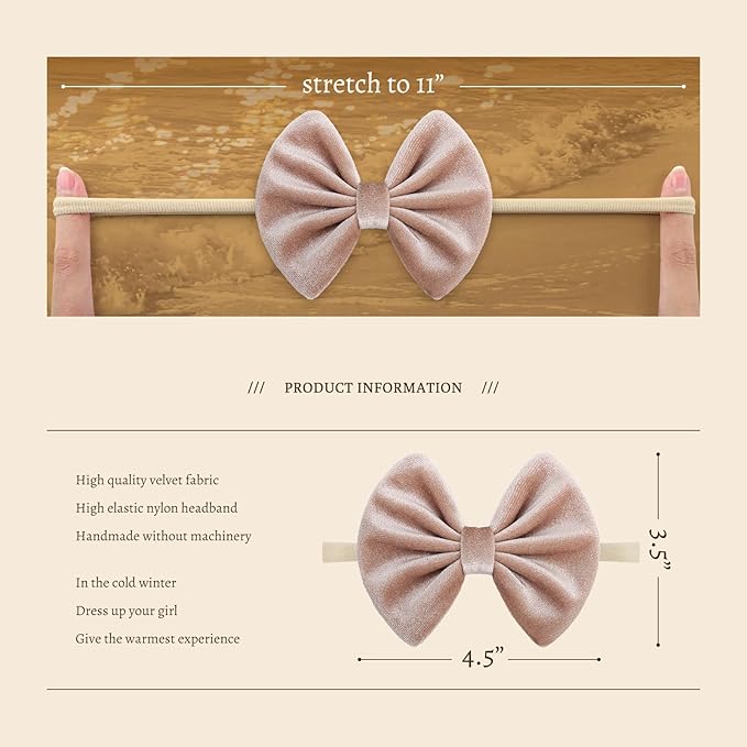 Velvet Baby Bows Headbands Solid Elastic Baby Girl Hair Bows Handmade Newborn Hair Band Bows Infant Toddlers Kids Hair Accessories 3 Pcs Beige Khaki Black