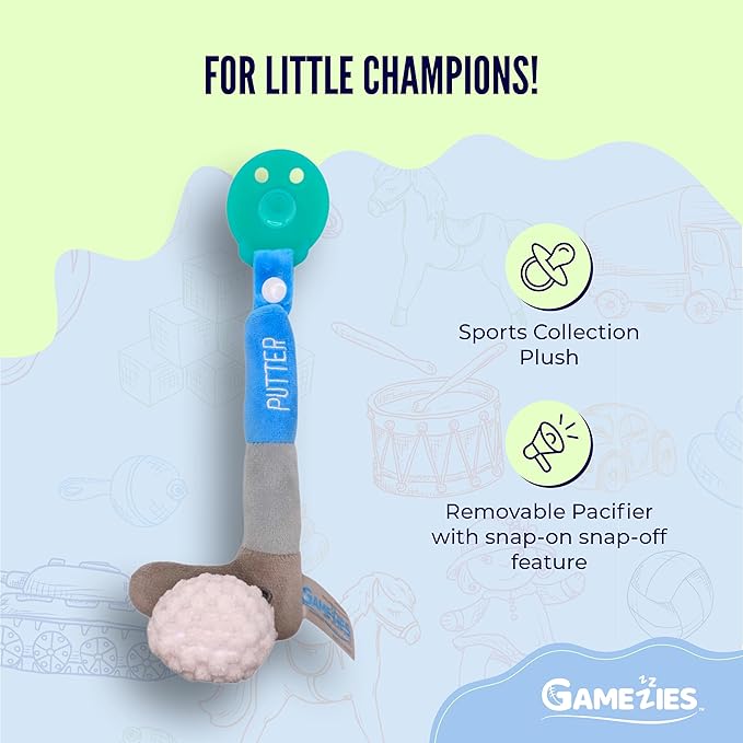 Gamezies Baby Boy and Girl Silicone Golf Plush Pacifier Removable, Washable Plush Toy CPSIA Tested, BPA-Free 0-6 Months
