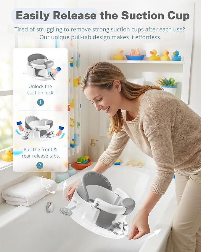 ONTHEWEI Baby Bath Seats for Babies Sitting Up, Non-Slip Baby Bathtub with 3 Suction Cups, Safe & Comfortable Toddler Bath Seat Ideal for Baby Bath/Shower Support, Stable Design, Grey (6-24 Months)