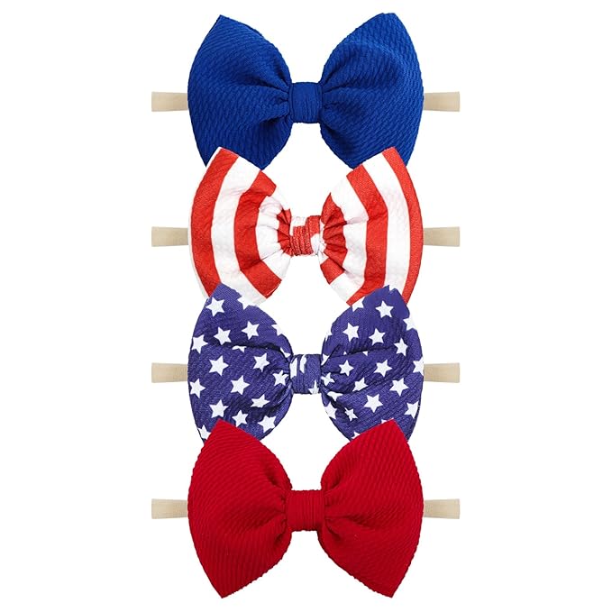 YanJie 4th of July Flag Baby Nylon Headbands Bows Red Blue White Star Spangled Hairbands Bows Hair Accessories for Newborns Toddlers Kids 4 Pcs
